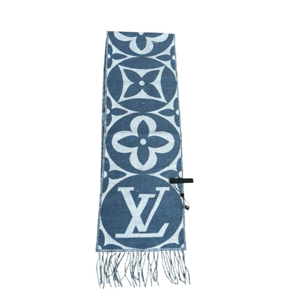 Louis Vuitton Monogram Flower Wool Cashmere Fringe Scarf Blue Gray 72” x 12”
